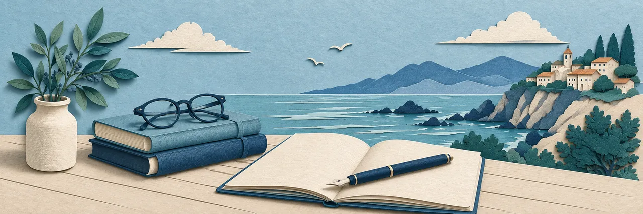 Line drawing of an open notebook and fountain pen on a desk beside stacked books, glasses and a potted branch, looking out over a bay to a cliffside town