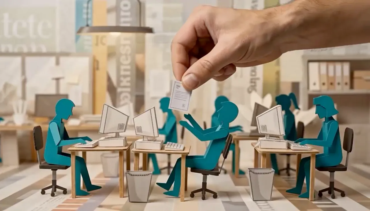 A hand passing a paper document to one of several paper-craft figures working at computer desks