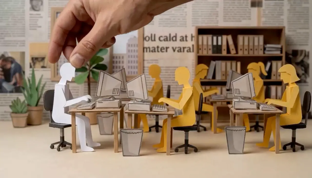 Paper-craft figures at computer desks, with a hand placing one more into an open seat