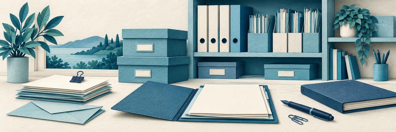 Paper-craft desk scene: a stack of documents and an open folder in front of shelved binders and labelled boxes