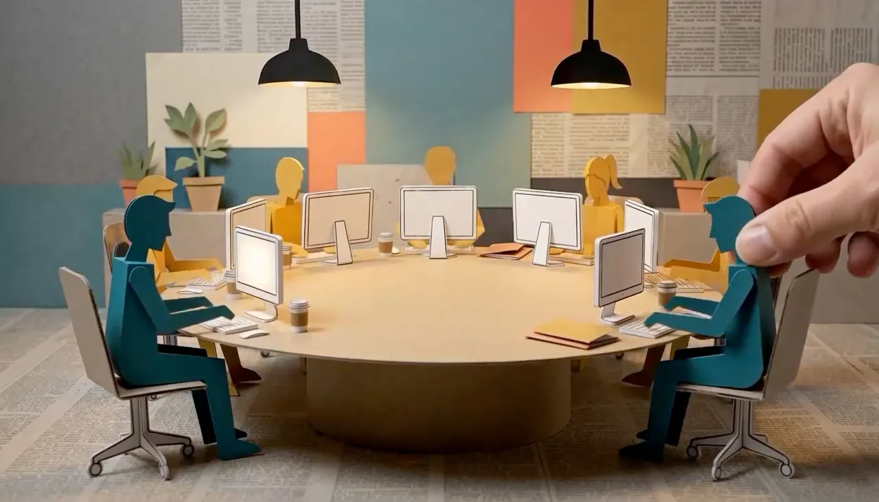 Paper-craft figures pulled up to a shared conference table of laptops, with a hand seating one more